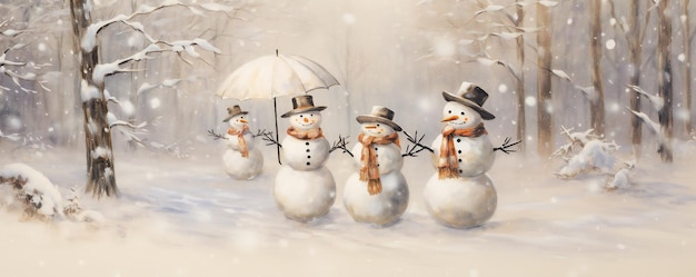 Tarjeta de Navidad con muñecos de nieve sosteniendo un paraguas en la nieve pinturas decorativas con copias vacías
