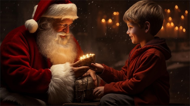 Una tarjeta de navidad con un niño y un santa.