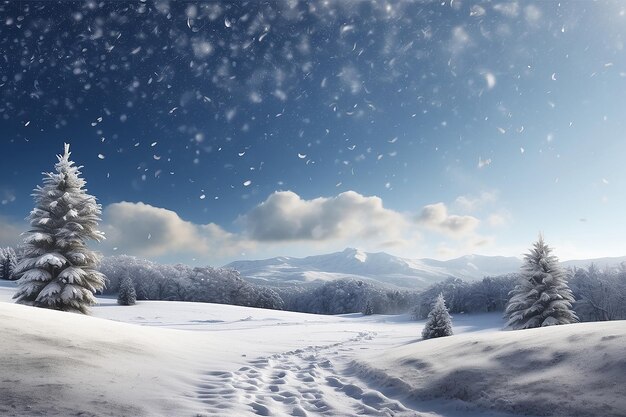 Tarjeta de Navidad paisaje de nieve de invierno copos de nieve cayendo del amplio panorama del cielo