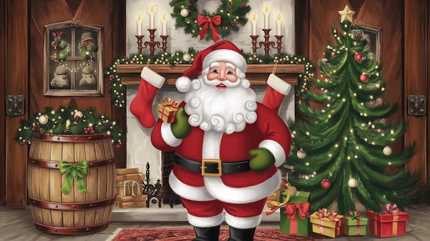 una tarjeta de Navidad con un Papá Noel en ella