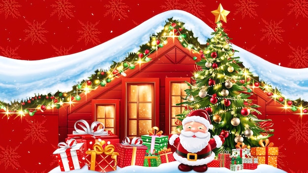 una tarjeta de Navidad con un Papá Noel frente a una casa con regalos