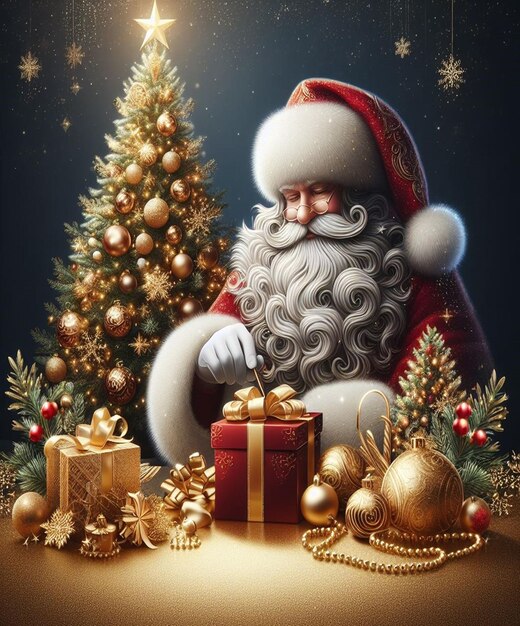 una tarjeta de Navidad con un Papá Noel sentado al lado de un árbol de Navidad