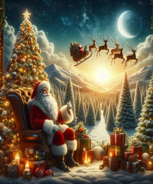una tarjeta de Navidad con un Papá Noel sentado en una silla con un árbol de Navidad en el fondo
