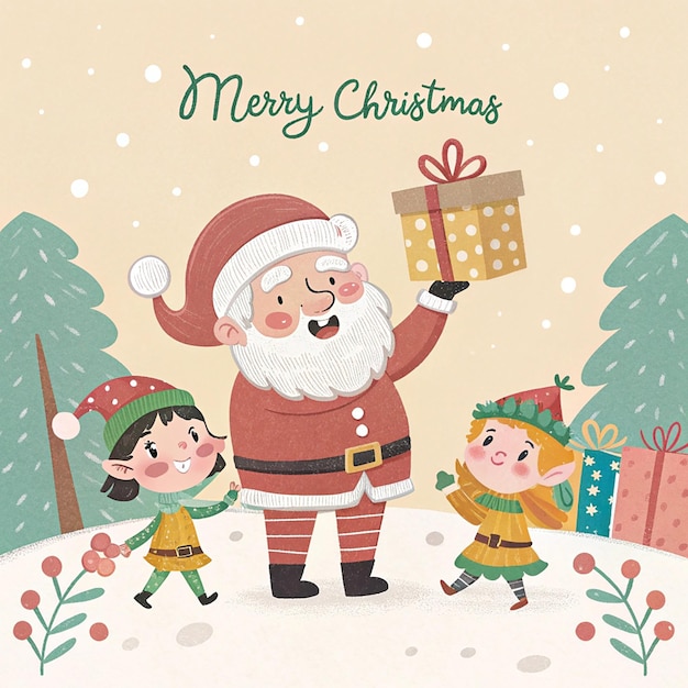 una tarjeta de Navidad con un Papá Noel y un sombrero de Papá Noel sosteniendo un regalo