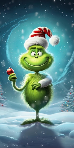 una tarjeta de Navidad con un personaje de dibujos animados sosteniendo una pelota roja