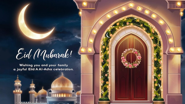 una tarjeta de Navidad con una puerta y una mezquita en la parte inferior