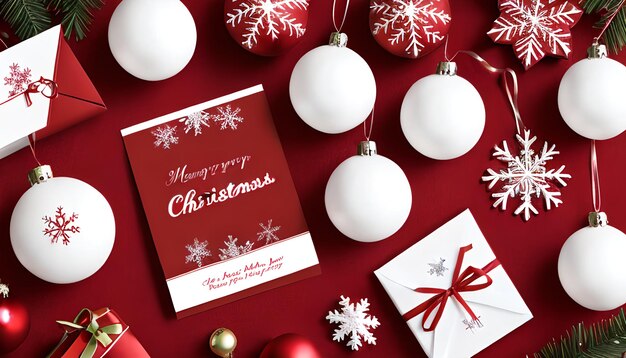 Tarjeta de Navidad roja adornos de navidad rojos y saludos estacionales tarjeta blanca vacía para su texto