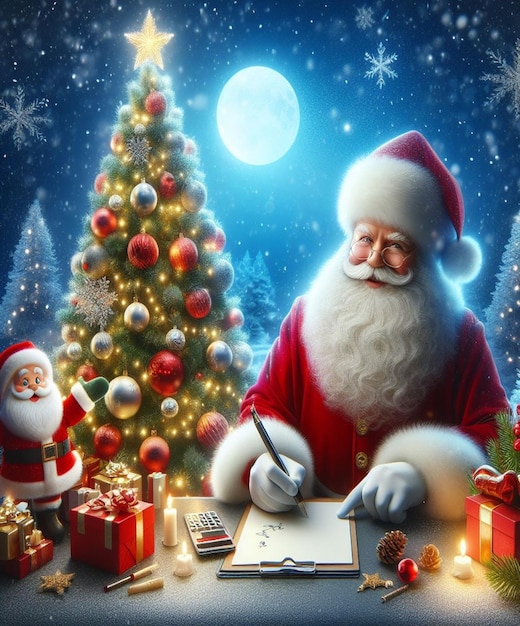 una tarjeta de Navidad con Santa Claus escribiendo en ella