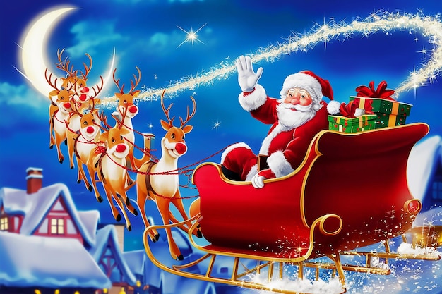 una tarjeta de Navidad con Santa Claus y renos con un sombrero de Santa