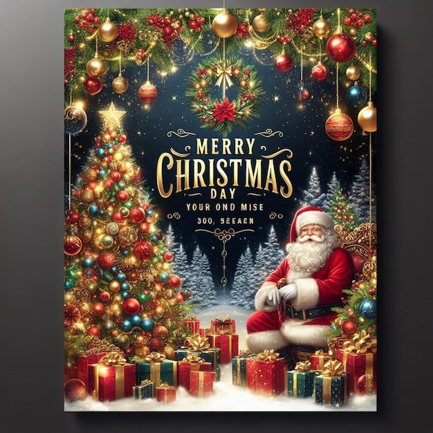 una tarjeta de Navidad con Santa Claus sentado frente a un árbol de Navidad