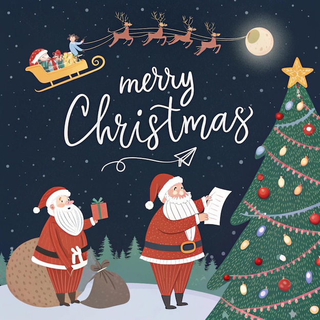 una tarjeta de Navidad con Santa y Santa Claus en ella