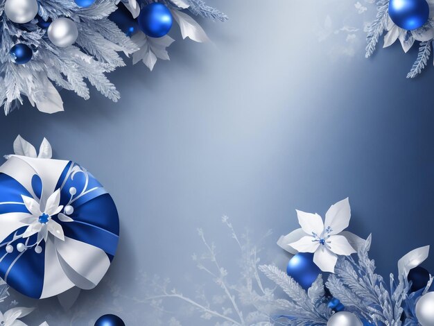 Foto tarjeta de navidad sobre un fondo helado con copos de nieve y plantas