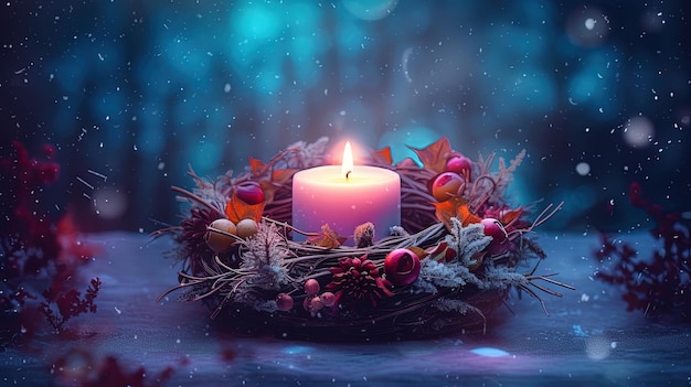 Tarjeta de Navidad con velas y corona de muérdago Tarjeta de vacaciones de invierno con adornos y velas IA generada