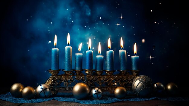 tarjeta de Navidad con velas encendidas y decoraciones de Navidad en fondo negro