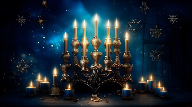 tarjeta de Navidad con velas encendidas y decoraciones de Navidad en fondo negro