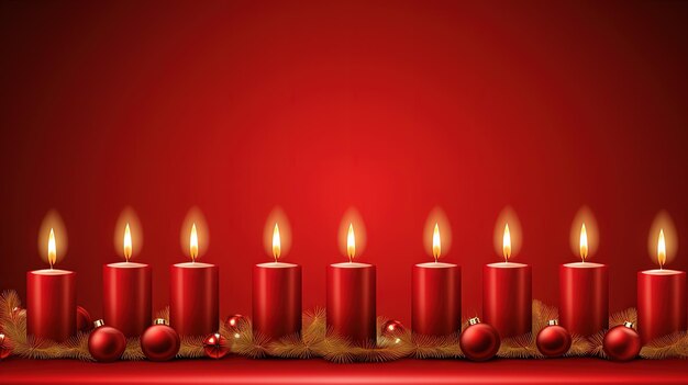 Tarjeta de Navidad con velas encendidas en el fondo rojo