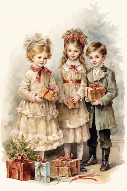 Tarjeta de Navidad victoriana Regalo de Papá Noel Árbol de Navidad para niños