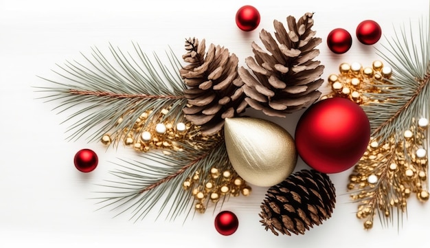 Una tarjeta navideña con adornos rojos y dorados y un cono de pino.