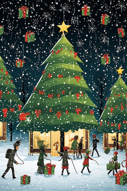 Tarjeta navideña con un árbol de Navidad y un par de personas al fondo.