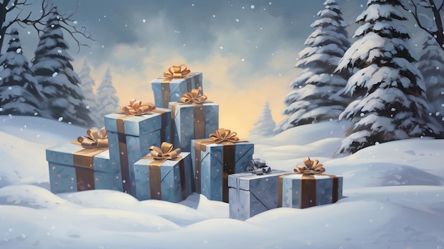Una tarjeta navideña con una caja de regalos en la nieve.
