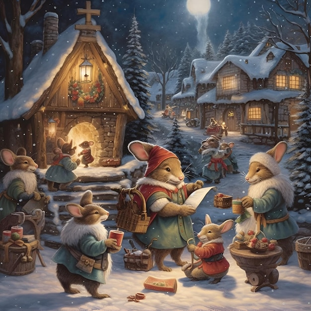 Una tarjeta navideña con un grupo de ratones pintando por persona.