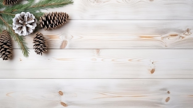 Tarjeta navideña con hermosa decoración natural sobre fondo de madera Conos de pino, bayas rojas y ramas de pino AI generativa