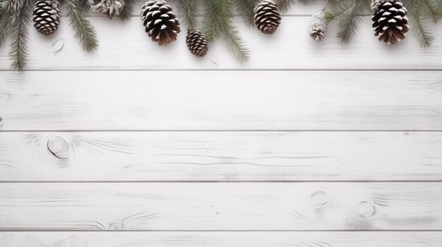 Tarjeta navideña con hermosa decoración natural sobre fondo de madera Conos de pino, bayas rojas y ramas de pino AI generativa