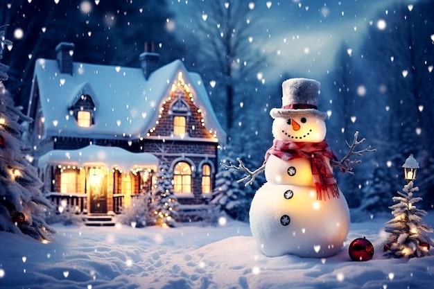 Tarjeta navideña con un muñeco de nieve frente a casas cubiertas de nieve en el bosque la noche de Navidad Generación de IA