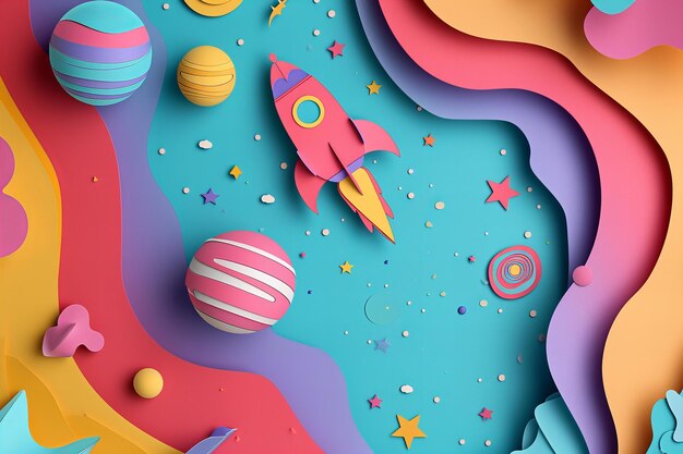 Tarjeta para niños con temas espaciales con cohetes y planetas en forma plana con colores vibrantes de neón