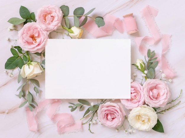 Tarjeta de papel en blanco entre rosas rosadas y cintas de seda en maqueta de boda de vista superior de mármol