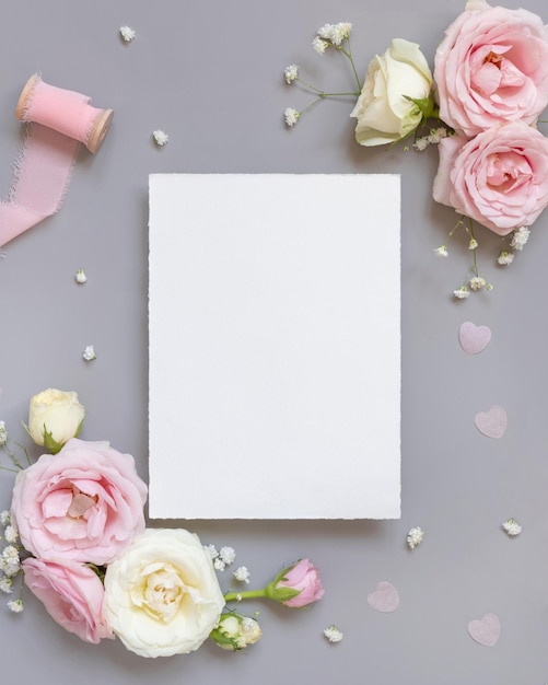 Tarjeta de papel en blanco entre rosas rosadas y cintas de seda rosa en maqueta de boda de vista superior gris