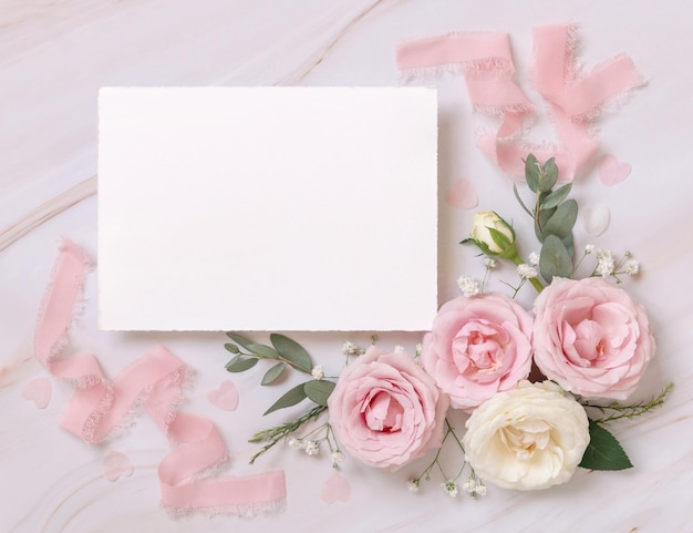 Foto tarjeta de papel en blanco entre rosas rosadas y cintas de seda rosa en maqueta de boda de vista superior de mármol