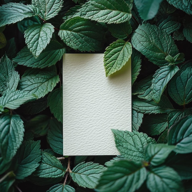 Foto una tarjeta de papel vacía rodeada de hojas verdes