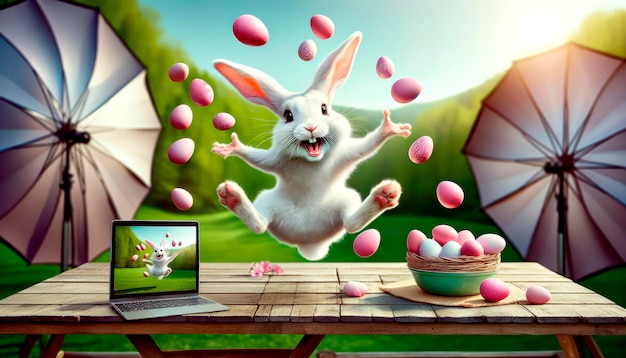 Tarjeta de Pascua con una divertida sesión de fotos de una liebre riendo saltando haciendo malabarismos con huevos de Pascua saludos de vacaciones