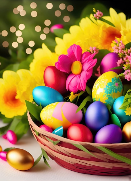 Tarjeta de Pascua Huevos de Pascua de colores en una canasta sobre la mesa