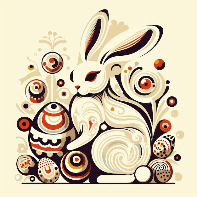 Tarjeta de Pascua MODERNA con conejo estilizado abstracto Huevos de Pascua al estilo de dibujos animados Fiesta positiva