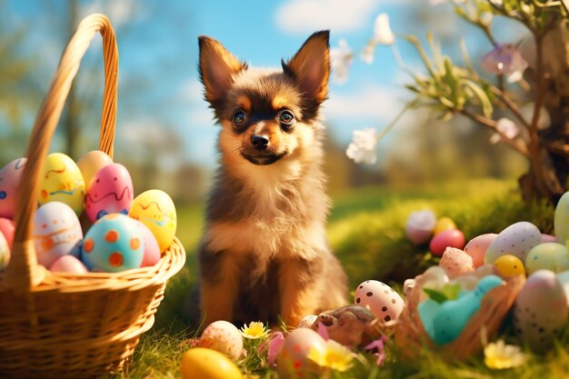 Tarjeta de Pascua perro lindo tendido en el césped cerca de la canasta de Pascua