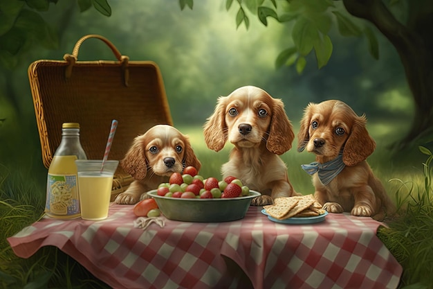 Tarjeta para un picnic para perros con cachorros felices