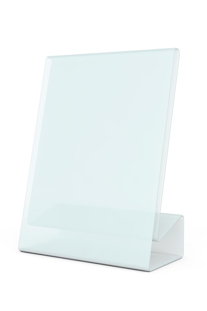 Tarjeta de placa de mesa transparente en blanco blanco sobre un fondo blanco