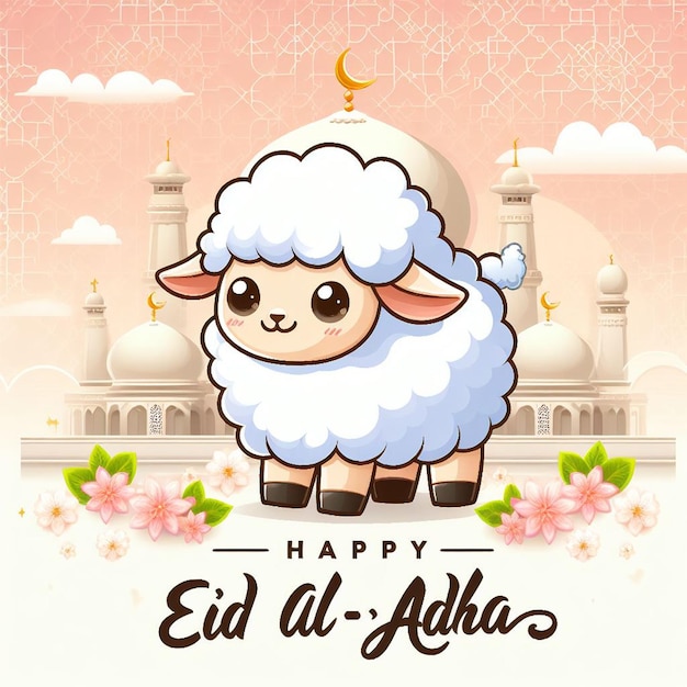 Foto una tarjeta de plantilla de eid al adha con una oveja linda y un fondo de mezquita