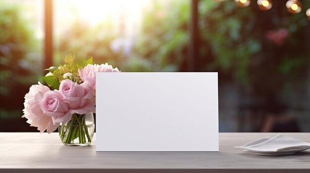 Tarjeta plegada blanca en blanco para la colocación de nombres o invitaciones en un fondo de mesa de bodas con ruta de recorte Imagen de maqueta