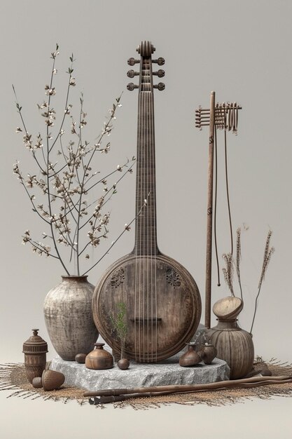 Foto una tarjeta postal 3d con instrumentos musicales tradicionales minimalistas utilizados en las celebraciones de nowruz