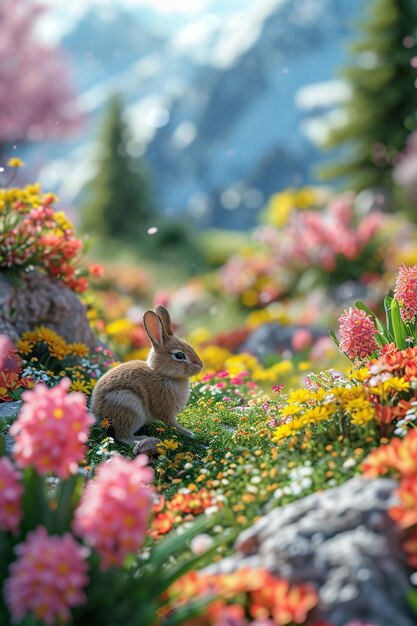 una tarjeta postal 3D que muestra una escena de jardín de primavera con vida silvestre