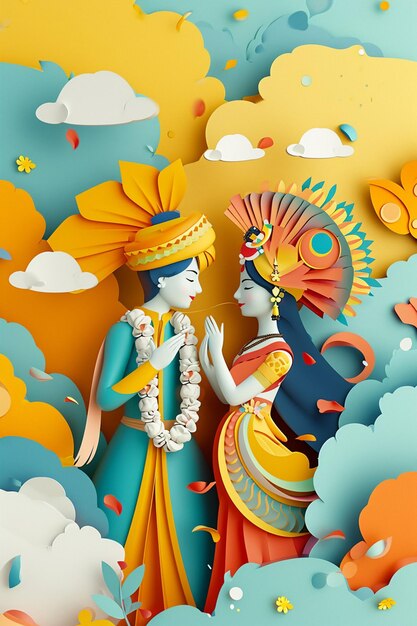 una tarjeta postal 3D con una representación minimalista del Señor Krishna y Radha