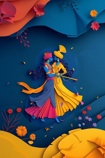una tarjeta postal 3D con una representación minimalista del Señor Krishna y Radha