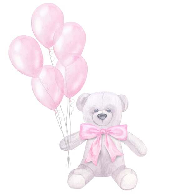 Tarjeta postal de acuarela globos rosados oso de peluche arco cumpleaños de la niña Ilustración dibujada a mano aislada