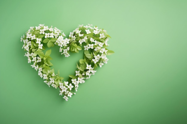 Foto tarjeta postal de bandera con espacio vacío en fondo verde con ramas de árboles naturales en forma de corazón con follaje verde fresco y flores