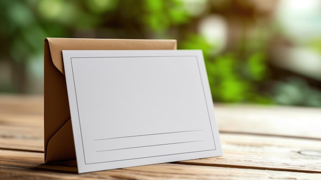 Tarjeta postal en blanco con un sobre en una mesa de madera