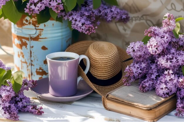 La tarjeta postal es hermosa una taza de café púrpura de lujo un libro antiguo un sombrero de paja y un ramo