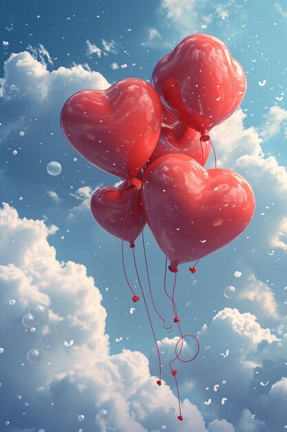 una tarjeta postal con globos estilizados en forma de corazón flotando entre las nubes